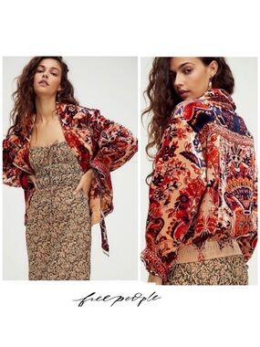FREE PEOPLE Bailey Multicolor Velvet Long Sleeves Front Zipper Boho Jacket Sz XS